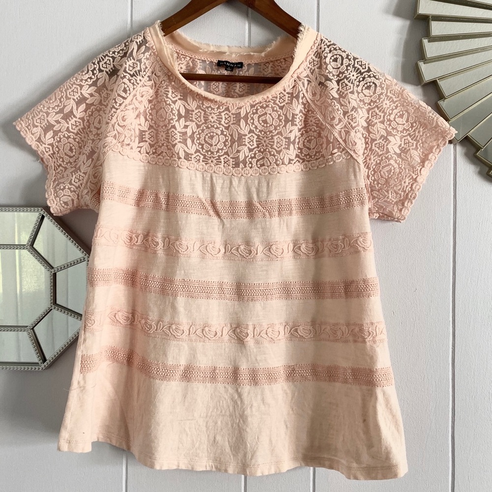 Hannah Light Peach Pink Lace Boho Chic Blouse L